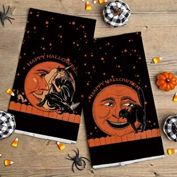 Halloween Dish Towels - Vintage Witch & Cat Design