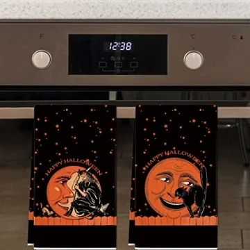 Halloween Dish Towels - Vintage Witch & Cat Design