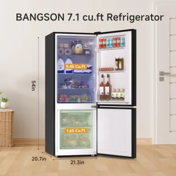 BANGSON 7.1 Cu.Ft Apartment Size Refrigerator with Freezer, Kitchen Fridge with Bottom Freezer, 2 Doors, 5 Settings Temperature Adjustable, Black