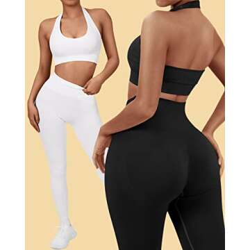 SUUKSESS Women Seamless Halter Sports Bra Open Back Padded Workout Crop Tank Tops (White & Black, S)