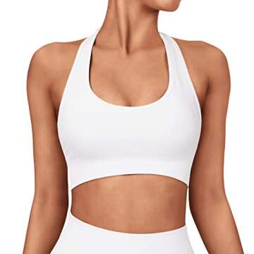 SUUKSESS Women Seamless Halter Sports Bra Open Back Padded Workout Crop Tank Tops (White & Black, S)