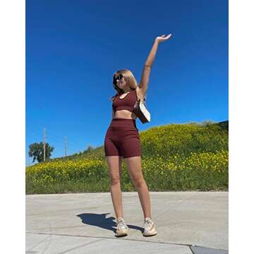 LISSMOMO Women's Seamless Workout Yoga Biker Shorts Ribbed High Waist Athletic Leggings (L08KS- Brown)