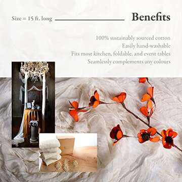 MARA Natural Coloured Cheesecloth Table Runner, 3 x 15 Ft (Set of 5) Including 10 Cotton Rings - Pre...