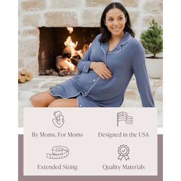 Kindred Bravely Clea Button Down Nursing Nightgown | Long Sleeve Maternity Nightgown (Slate Blue, Medium)