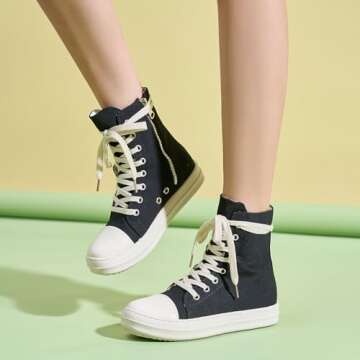 Kluolandi Women's High Top Sneakers Lace Up Canvas Shoes with Zipper Comfort Platform Walking Shoes in Black and White