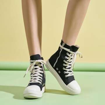 Kluolandi Women's High Top Sneakers Lace Up Canvas Shoes with Zipper Comfort Platform Walking Shoes in Black and White
