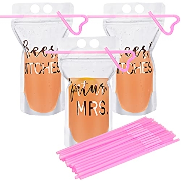 Patelai 16 Pcs Bachelorette Drink Pouch Cup with Straw 17 Oz Disposable Juice Pouches for Weddings a...