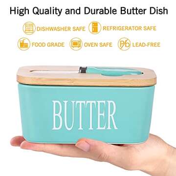 Lxmons Ceramic Butter Dish with Wooden Lid, Large Butter Container Keeper Storage with Stainless Ste...