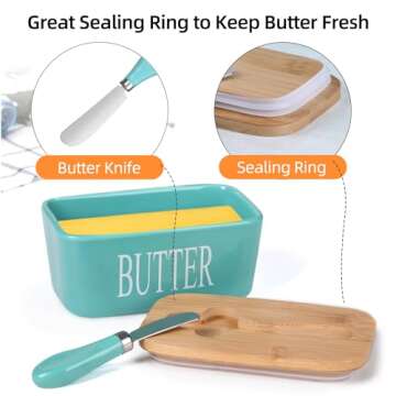 Lxmons Ceramic Butter Dish with Wooden Lid, Large Butter Container Keeper Storage with Stainless Steel Butter Knife Spreader, Bamboo Cover and Silicone Sealing Ring for West East Coast Butter, Aqua