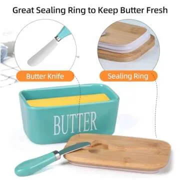 Lxmons Ceramic Butter Dish with Wooden Lid, Large Butter Container Keeper Storage with Stainless Steel Butter Knife Spreader, Bamboo Cover and Silicone Sealing Ring for West East Coast Butter, Aqua