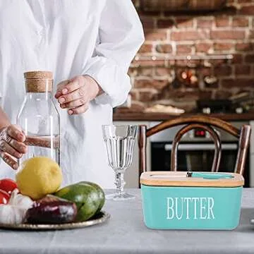 Lxmons Ceramic Butter Dish with Wooden Lid, Large Butter Container Keeper Storage with Stainless Steel Butter Knife Spreader, Bamboo Cover and Silicone Sealing Ring for West East Coast Butter, Aqua