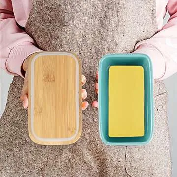 Lxmons Ceramic Butter Dish with Wooden Lid, Large Butter Container Keeper Storage with Stainless Steel Butter Knife Spreader, Bamboo Cover and Silicone Sealing Ring for West East Coast Butter, Aqua