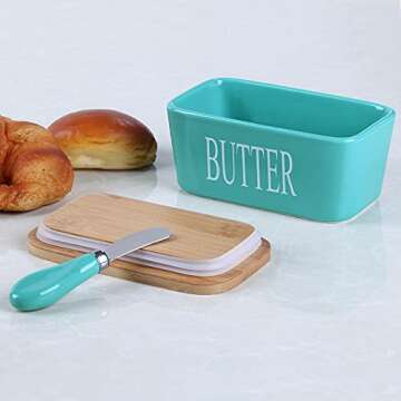 Lxmons Ceramic Butter Dish with Wooden Lid, Large Butter Container Keeper Storage with Stainless Steel Butter Knife Spreader, Bamboo Cover and Silicone Sealing Ring for West East Coast Butter, Aqua
