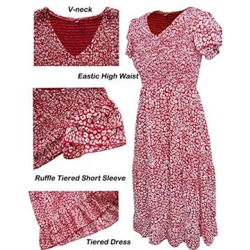 Women Summer Floral Dress Flowy Ruffle Short Sleeve Midi Easter Dresses Brown S