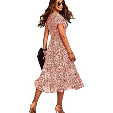 Women Summer Floral Dress Flowy Ruffle Short Sleeve Midi Easter Dresses Brown S