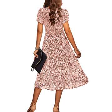 Women Summer Floral Dress Flowy Ruffle Short Sleeve Midi Easter Dresses Brown S