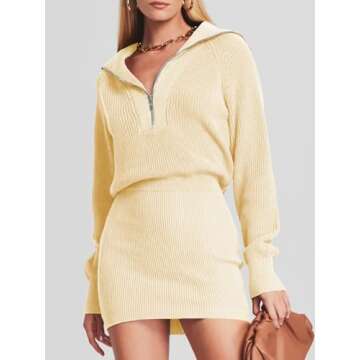 Lanwyqu Women's Zipper Up Bodycon Sweater Dress - Trendy Knit Mini