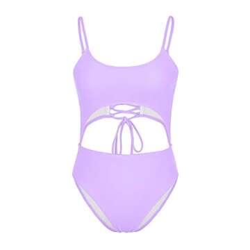 Meyeeka Womens Scoop Neck Cut Out Front Lace Up Back High Cut Monokini One Piece Swimsuit (XL, Purple)