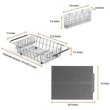YEECOPON Dish Rack in Sink, Expandable Over The Sink Dish Drying Rack with Utensil Holder and Silicone Drainage pad (Medium + 16" Silicone pad)
