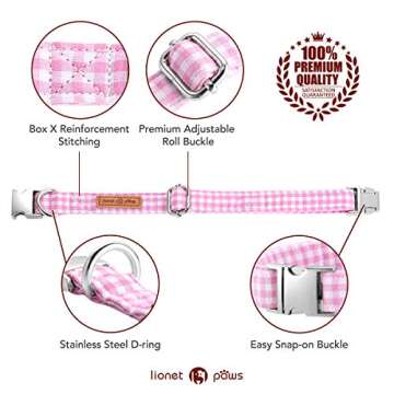 Lionet Paws Dog Collar with Bowtie, Comfortable Adjustable Cute Pink Gingham Bow Tie Collar for Female Dogs Gift, XLarge, Neck 16-26 inches