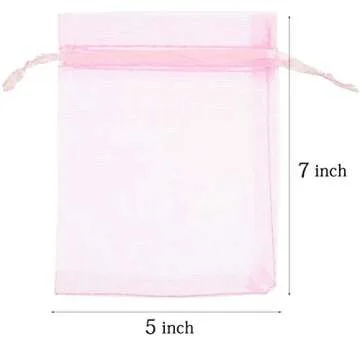 100 Pcs 5x7 inches Gift Wrap Bags Pink, Organza Sheer See Through Fabric, Drawstring Satin Ribbon Pouches for Baby Shower Favor, Party Wedding Favors Decoration, Card Deck, Jewelery, Boys Holiday Gift