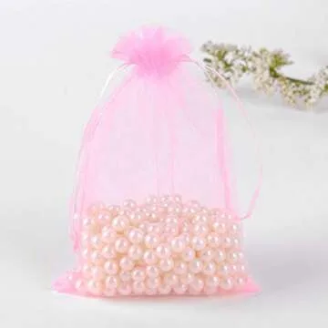 100 Pcs 5x7 inches Gift Wrap Bags Pink, Organza Sheer See Through Fabric, Drawstring Satin Ribbon Pouches for Baby Shower Favor, Party Wedding Favors Decoration, Card Deck, Jewelery, Boys Holiday Gift