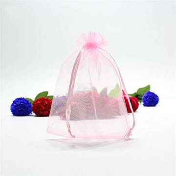 100 Pcs 5x7 inches Gift Wrap Bags Pink, Organza Sheer See Through Fabric, Drawstring Satin Ribbon Pouches for Baby Shower Favor, Party Wedding Favors Decoration, Card Deck, Jewelery, Boys Holiday Gift