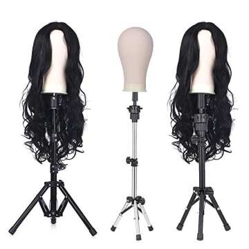 Wig stand Tripod & Cork Canvas Block Head,Anself Adjustable Hairdresser Table Training Head Stand,Mannequin Head Wig Display Styling Head Manikin Canvas Head with 6 Tpins for Home or Salon Use (22")