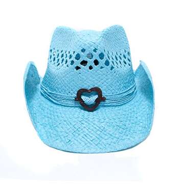 Turquoise Cute Toyo Straw Boho Cowboy Hat W/Shapeable Brim and Heart Design