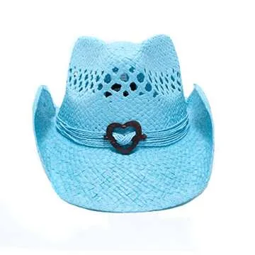 Turquoise Cute Toyo Straw Boho Cowboy Hat W/Shapeable Brim and Heart Design