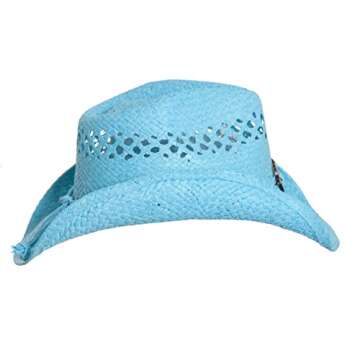 Turquoise Cute Toyo Straw Boho Cowboy Hat W/Shapeable Brim and Heart Design