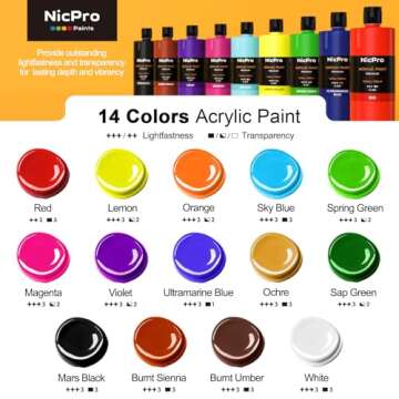 Nicpro 14 Colors Large Bulk Acrylic Paint Set (16.9 oz, 500 ml) Non Toxic Art Painting Supplies for ...