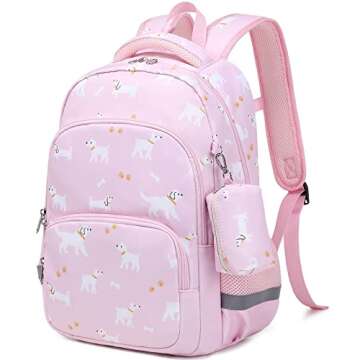 MIRLEWAIY Kids School Backpack Set Girls Boys Student Bookbag Children Elementary Backpack with Lunch Box Pencil Bag, Pink Dog
