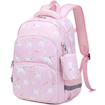 MIRLEWAIY Kids School Backpack Set Girls Boys Student Bookbag Children Elementary Backpack with Lunch Box Pencil Bag, Pink Dog