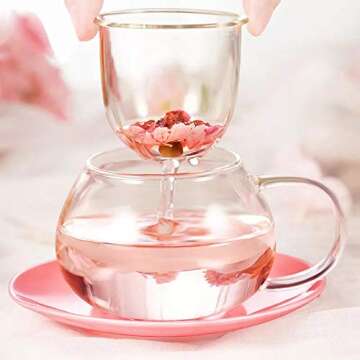 Cute Cups Mushroom Tea Cup with Infuser and Lid, Kawaii Glass Tea Cups and Saucers, 290ML Mushroom M...