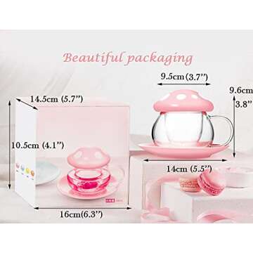 Cute Cups Mushroom Tea Cup with Infuser and Lid, Kawaii Glass Tea Cups and Saucers, 290ML Mushroom Mugs with spoon, Present for Christmas, Perfect for Girls Women for Home and Office Use 9.6oz (Pink)