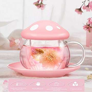 Cute Cups Mushroom Tea Cup with Infuser and Lid, Kawaii Glass Tea Cups and Saucers, 290ML Mushroom Mugs with spoon, Present for Christmas, Perfect for Girls Women for Home and Office Use 9.6oz (Pink)