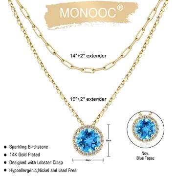 MONOOC Birthstone Necklace for Women, Blue Topaz Necklace Birthstone Necklace for Women Layered Gold Necklaces for Women November Birthstone Necklace November Birthstone Jewelry Gold Jewelry