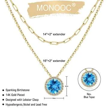 MONOOC Birthstone Necklace for Women, Blue Topaz Necklace Birthstone Necklace for Women Layered Gold Necklaces for Women November Birthstone Necklace November Birthstone Jewelry Gold Jewelry