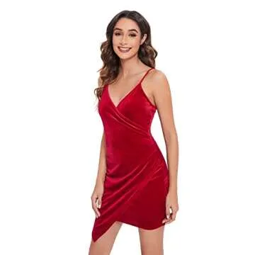 Verdusa Women's Deep V Neck Spaghetti Strap Wrap Asymmetrical Velvet Cami Dress Burgundy XS
