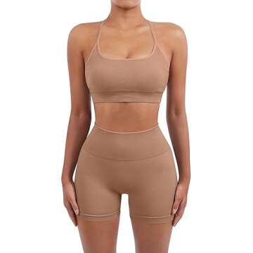 SUUKSESS Women Seamless 2 piece Workout Sets Strappy Padded Sports Bra Booty High Waisted Shorts Outfits (Coffee,S)