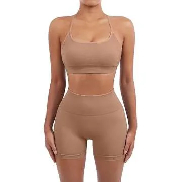SUUKSESS Women Seamless 2 piece Workout Sets Strappy Padded Sports Bra Booty High Waisted Shorts Outfits (Coffee,S)