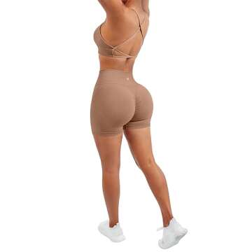 SUUKSESS Women Seamless 2 piece Workout Sets Strappy Padded Sports Bra Booty High Waisted Shorts Outfits (Coffee,S)