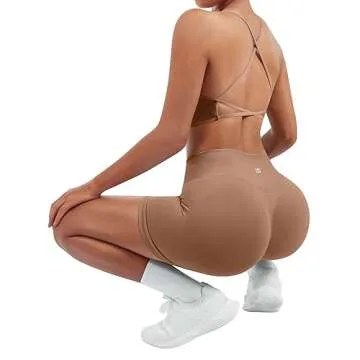 SUUKSESS Women Seamless 2 piece Workout Sets Strappy Padded Sports Bra Booty High Waisted Shorts Outfits (Coffee,S)