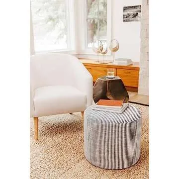 Wovenbyrd 19-Inch Wide Round Pouf Ottoman Footstool, Blue and White Stripe Fabric
