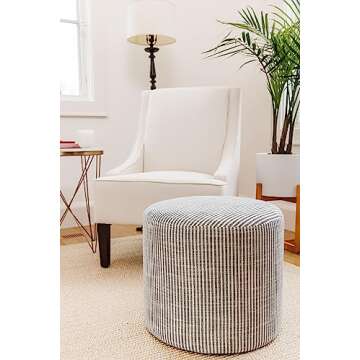 Wovenbyrd 19-Inch Wide Round Pouf Ottoman Footstool, Blue and White Stripe Fabric