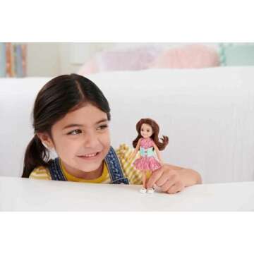 Barbie Chelsea Doll, Small Doll with Brace for Scoliosis Spine Curvature, Brunette Wearing Pink Lightning Bolt Dress