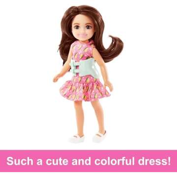 Barbie Chelsea Doll, Small Doll with Brace for Scoliosis Spine Curvature, Brunette Wearing Pink Lightning Bolt Dress