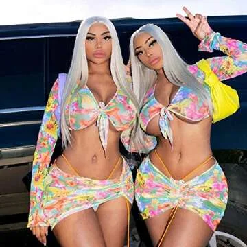 VWIWV Women Sexy Floral Print 3 Piece Outfit Swimwear Cover Up Mesh Sheer Crop Top and Ruched Drawstring Skirt Set Multicolor