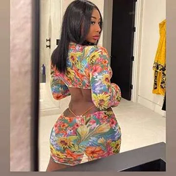 VWIWV Women Sexy Floral Print 3 Piece Outfit Swimwear Cover Up Mesh Sheer Crop Top and Ruched Drawstring Skirt Set Multicolor